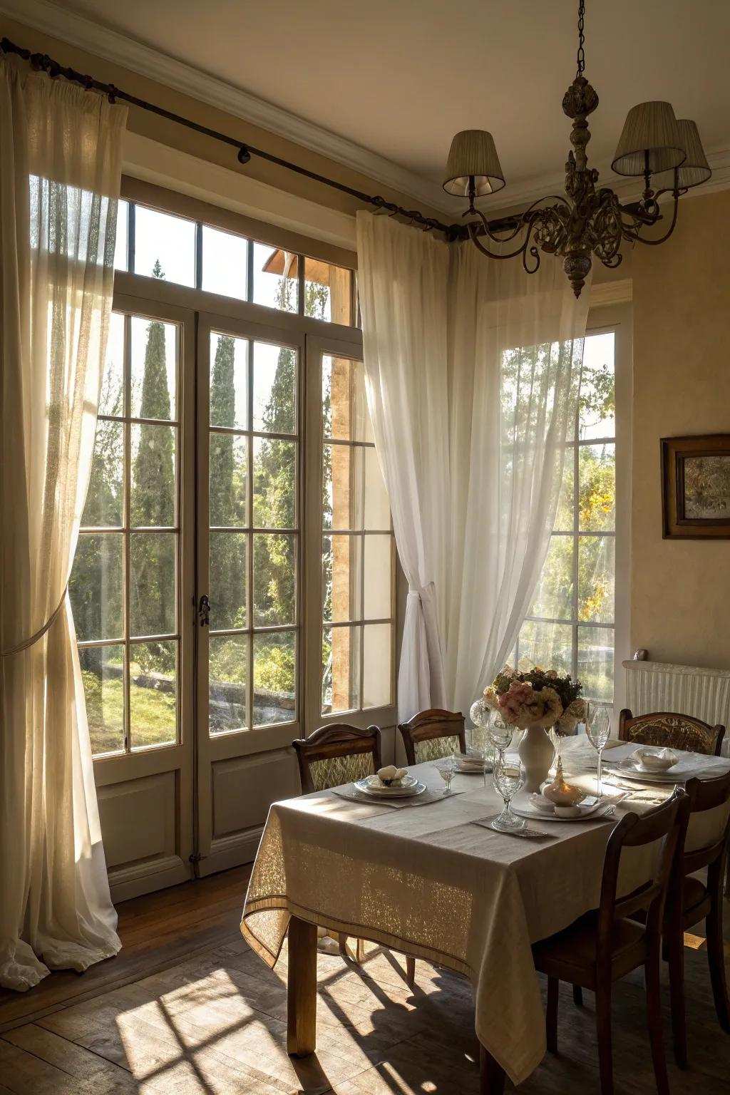 Wispy drapes offer privacy and fill the room with soft light.
