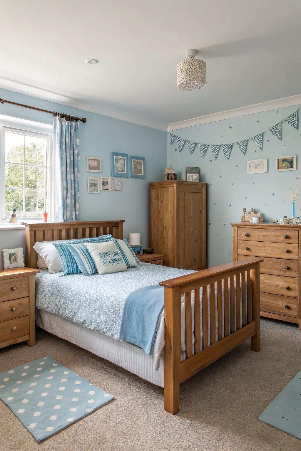 Wood accents bring warmth and balance to an azure bedroom.