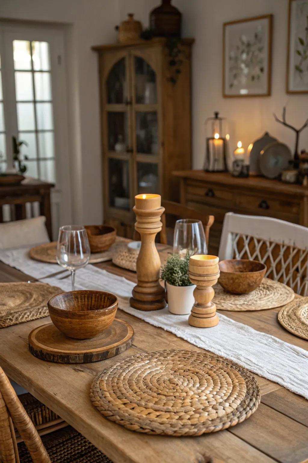 Wooden decorations and woven place mats add rustic appeal.