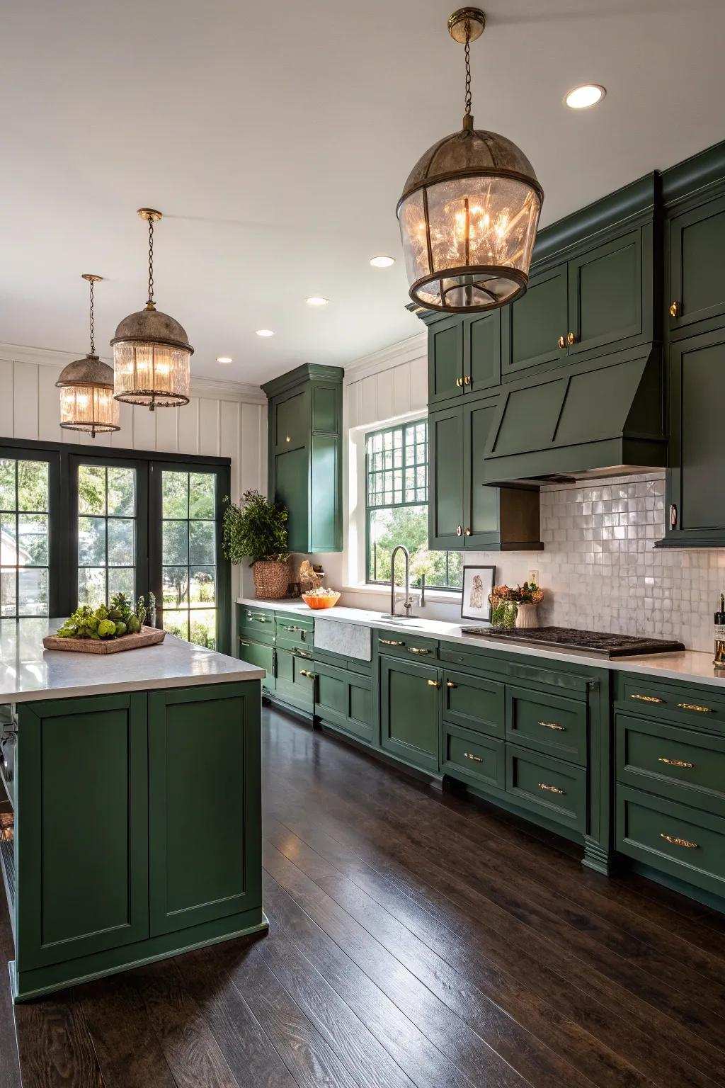 Woodland green cabinets fashion a deep and atmospheric aesthetic.