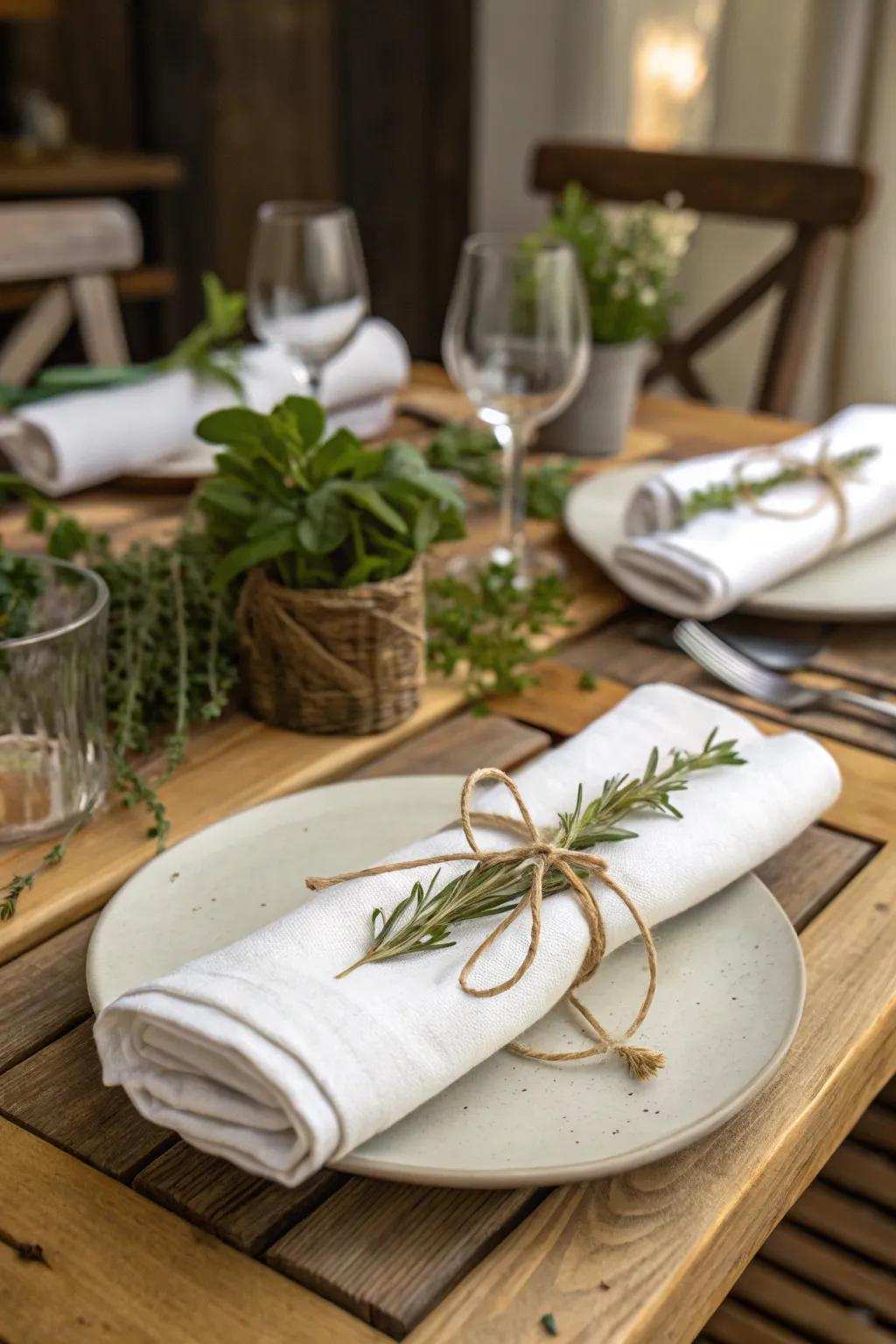 Wound napkins add a rustic and natural feel to your table.