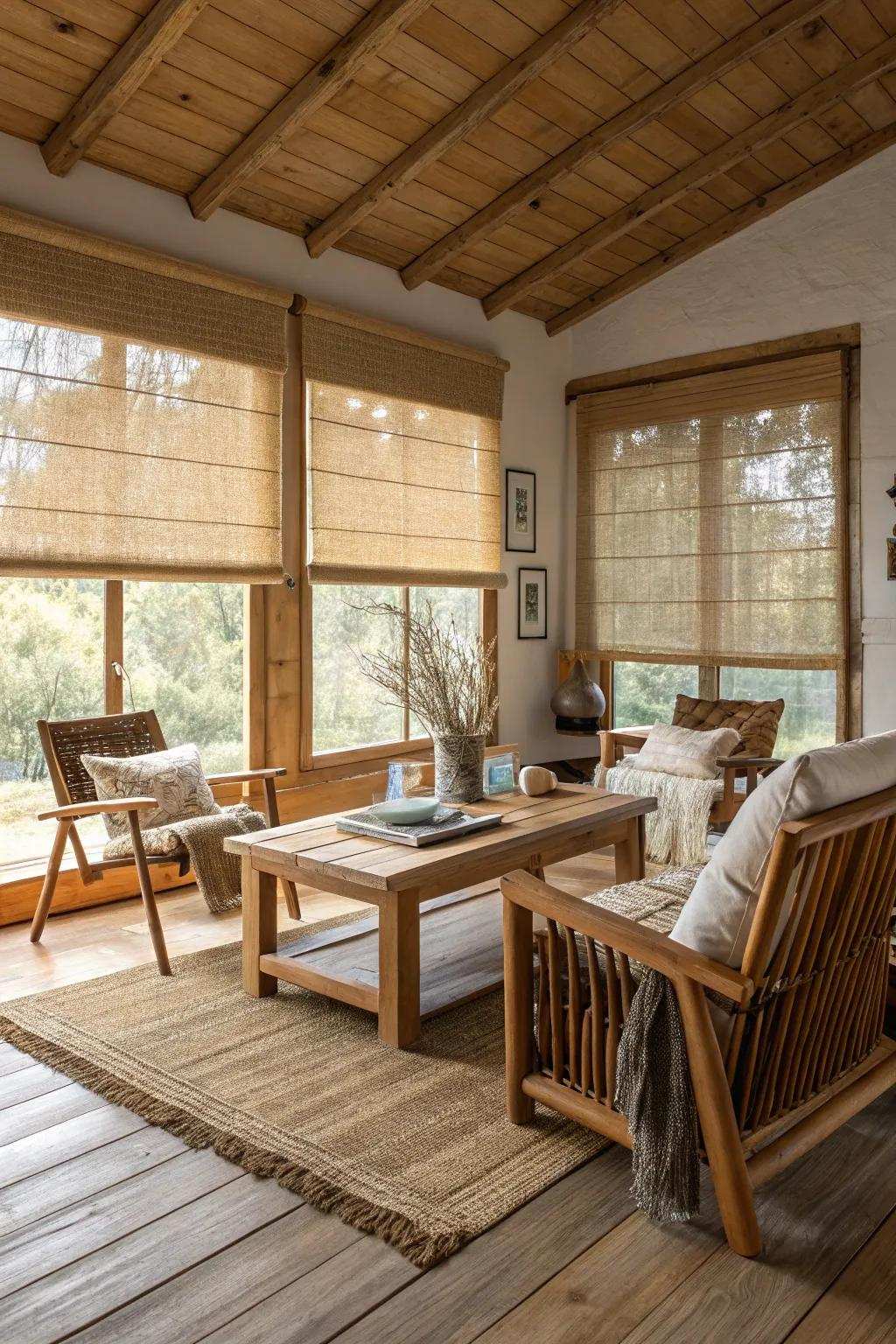 Woven coverings introduce a natural element to a cozy living space.