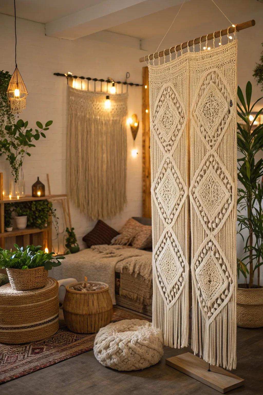 Woven decor separations contribute bohemian flair and texture.