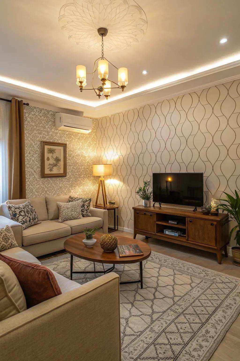 Woven wallpaper adds richness and visual interest.