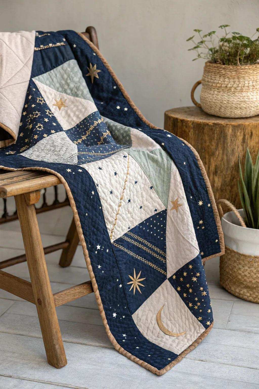 Wrap yourself within the enchantment of a starlit evening through this magnificent quilt design.