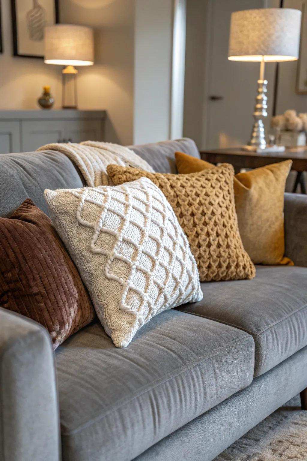 Your couch arrangement gains dimension and appeal from a variety of textures.