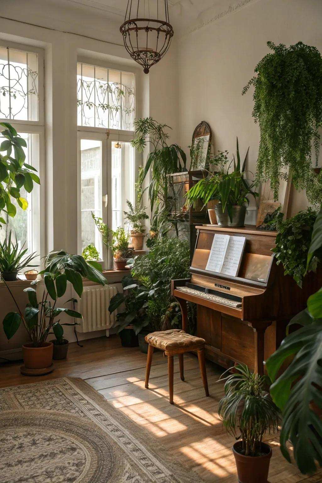 Your music area is filled with nature by plants.