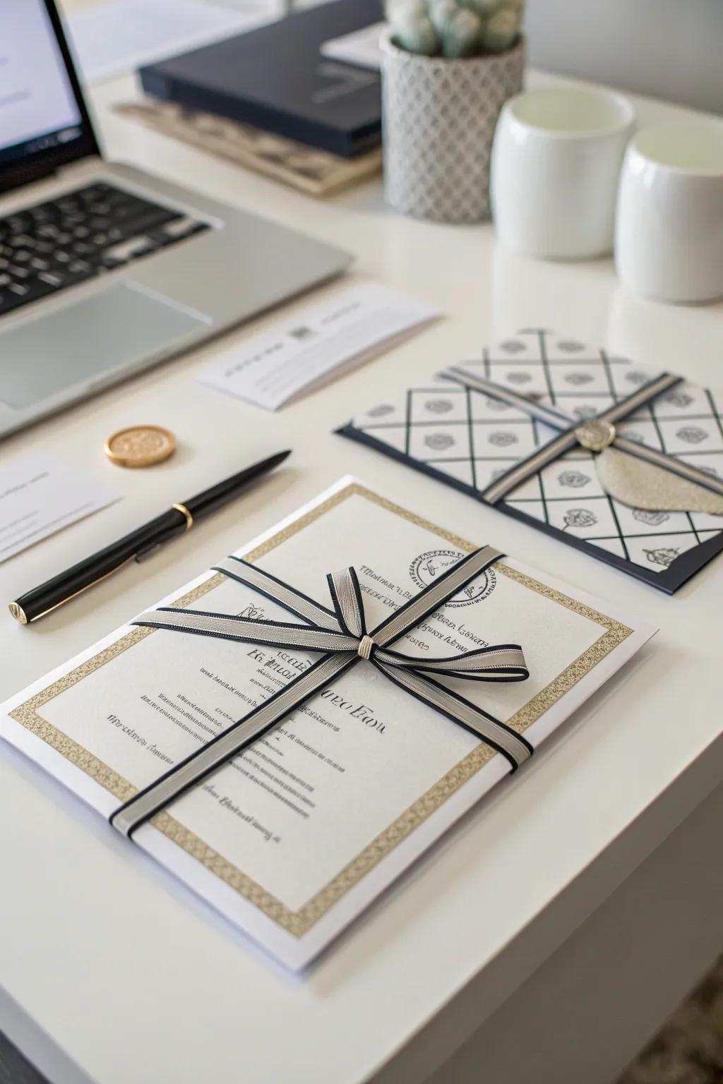 A modern intersecting band tie on a wedding invitation.