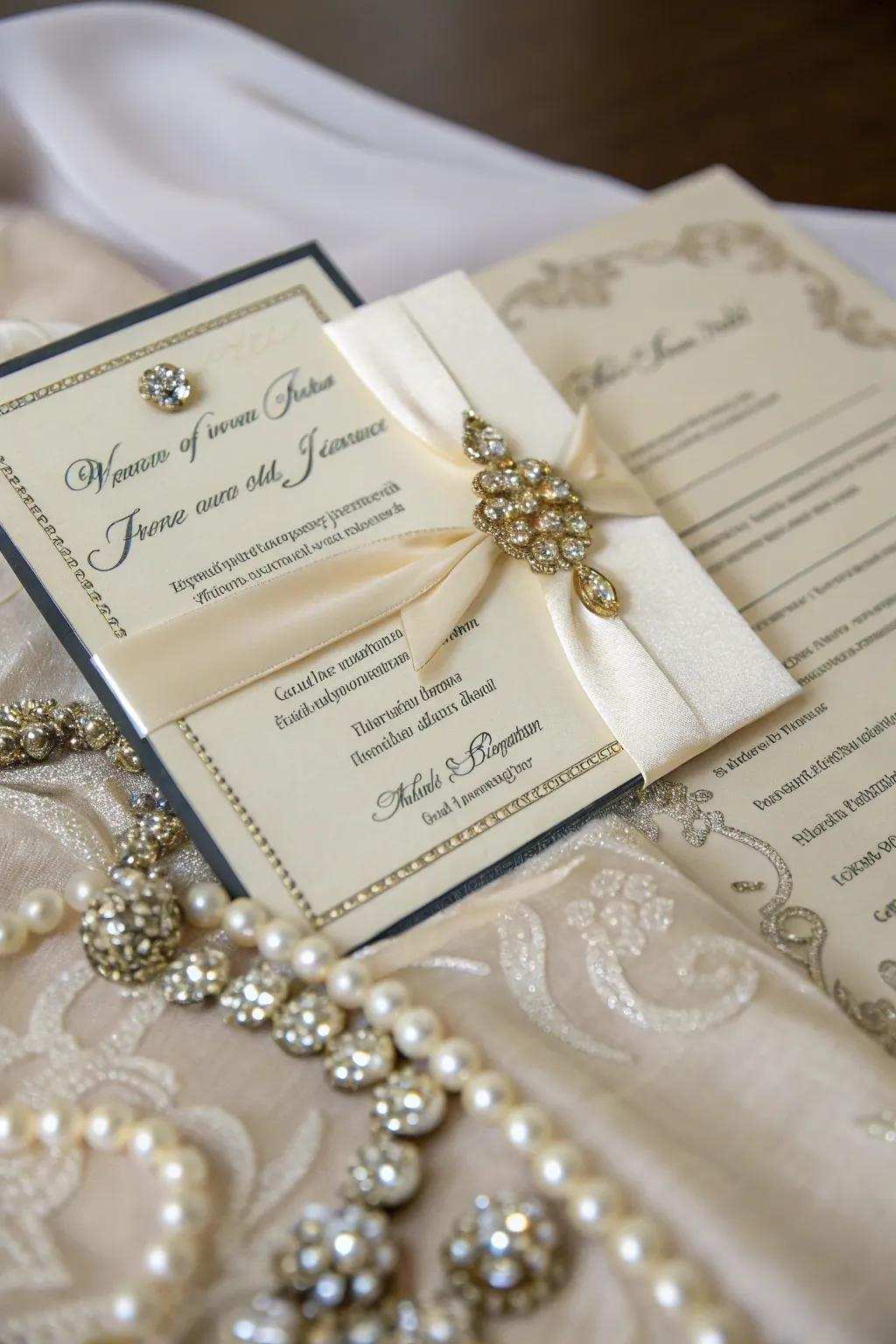 Beaded ribbon accents adding sparkle to a wedding invitation.