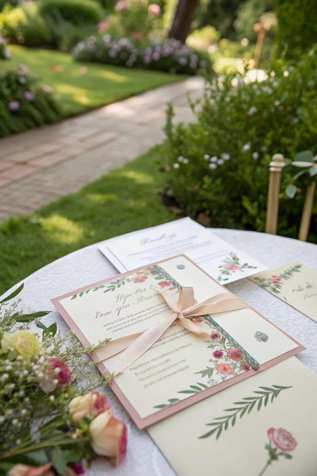 Flora accents complementing ribbon on a wedding invitation.