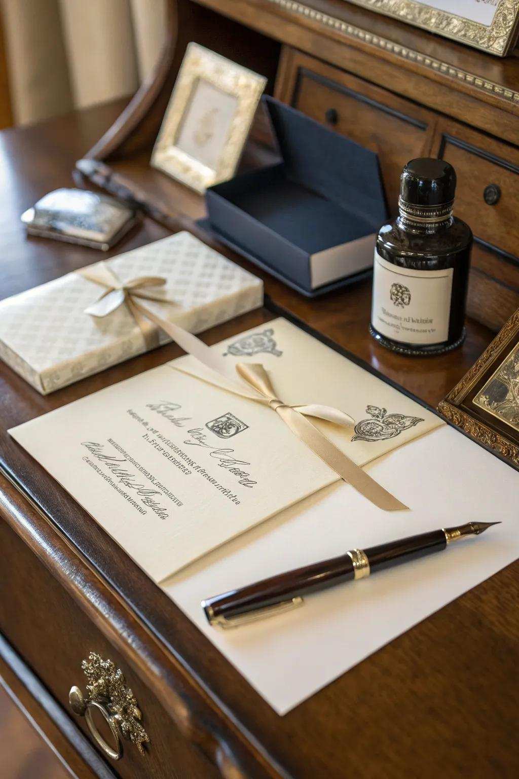 Sophisticated emblazoned ribbon on a wedding invitation.